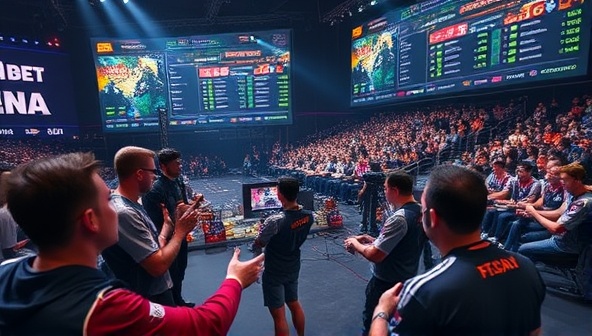 An action-packed gaming scene featuring players engaged in intense esports competition, with cheering crowds and digital displays showing real-time scores and rankings, illustrating the competitive and exciting atmosphere of the SkillBet Arena platform.