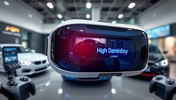 A futuristic VR headset displaying a lifelike car showroom environment with high-definition car models showcased in a digital showroom, surrounded by interactive controls and visual effects, creating an immersive and engaging experience for users.