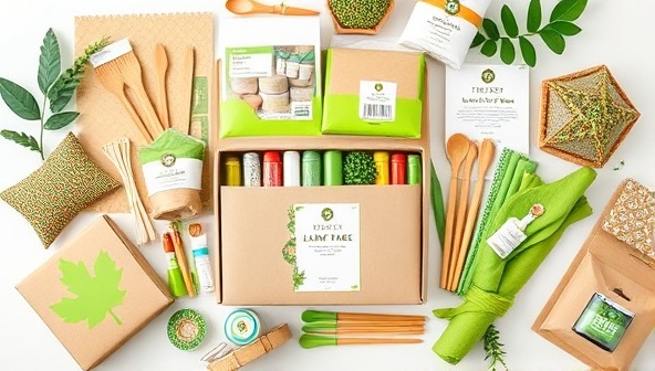 An array of neatly arranged DIY crafting materials and tools in a sustainable packaging with vibrant green accents, surrounded by handmade eco-friendly home decor items created from the kits, showcasing the creative and eco-conscious nature of the products.