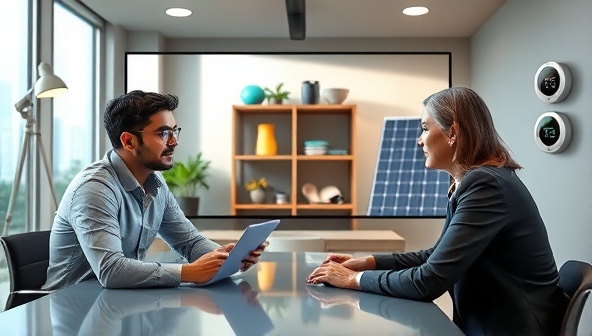 An engaging visual representation featuring a virtual meeting between an energy consultant and a property owner, with energy-efficient lighting, solar panels, and smart thermostats visible in the background, conveying a professional and collaborative approach to energy efficiency solutions.