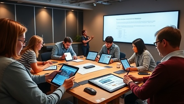 A vibrant workshop setting with participants sketching wireframes on tablets, discussing design concepts, and showcasing their work on large screens, fostering a collaborative and creative learning environment in web design.