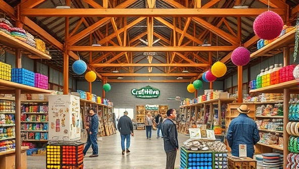 An artistic representation of the CraftHive Warehouse interior, featuring a vibrant marketplace filled with colorful handmade crafts, artisan displays, and customers browsing unique products, capturing the essence of creativity and community in a shared artisanal space.