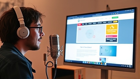 An artist speaking to a microphone while a website layout magically appears on a screen in response to the voice commands, illustrating the seamless and interactive nature of designing with VoiceWebCraft through voice activation technology.