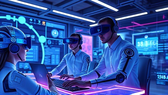 A futuristic depiction of a virtual reality workspace where designers and clients interact seamlessly through AI-generated avatars, collaborating on web design projects in a visually stunning digital environment.