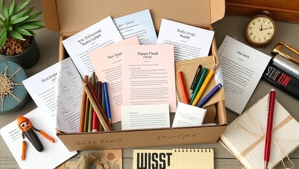 An artistic collection of writing prompts displayed in a visually appealing subscription box format, surrounded by writing tools, notebooks, and creative elements, evoking inspiration and creativity for writers subscribing to the service.