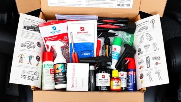 An organized and practical maintenance kit filled with essential car care items, tools, and products neatly arranged in a compact box, surrounded by automotive-themed illustrations and instructions, showcasing the convenience and utility of the AutoCareBox Subscription service.