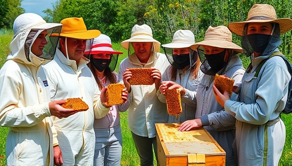 A group of diverse tour participants wearing beekeeping suits and holding honeycombs with bees buzzing around, surrounded by blooming wildflowers in a scenic natural setting, capturing the essence of immersive beekeeping adventures.