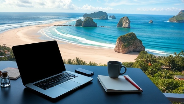 A picturesque work setup overlooking a tranquil beach or mountain landscape, with a laptop, notebook, and coffee mug arranged on a stylish desk, blending productivity with a sense of wanderlust and relaxation.