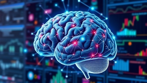 An AI-powered brain processing complex market data and generating insightful reports and recommendations on a digital screen, showcasing the cognitive capabilities and analytical power of InsightIQ AI in market research.