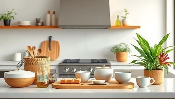 An elegant kitchen setting with a beautifully arranged display of bamboo kitchenware, showcasing the products' sleek design and eco-friendly appeal, with natural elements like plants in the background, creating a sustainable and inviting atmosphere.