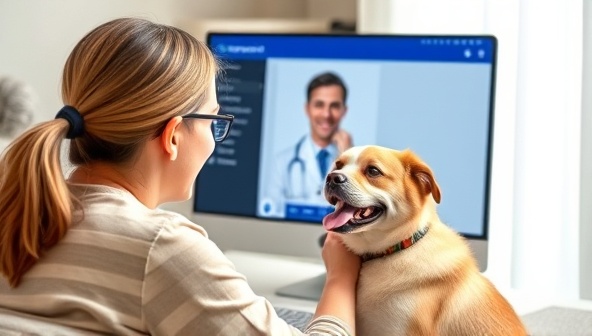 An adorable image of a pet owner engaging in a virtual consultation with a veterinarian through a computer or smartphone screen, with a happy pet by their side, illustrating the convenience and care provided by VetCare Connect's telemedicine service.
