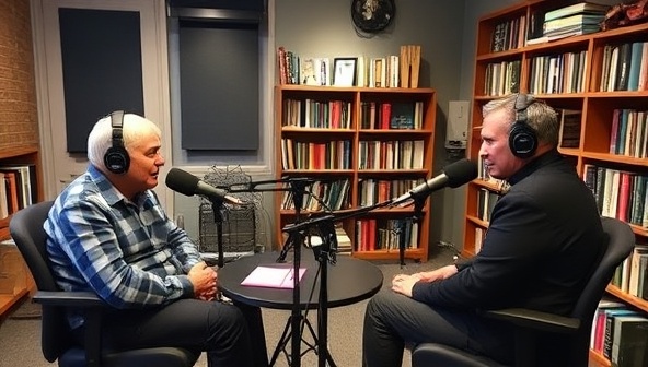 A podcast studio setup featuring microphones, soundproofing panels, and recording equipment, with a host and a guest engaged in a lively discussion, surrounded by bookshelves and literary decor, capturing the essence of literary conversations and storytelling in a professional recording setting.