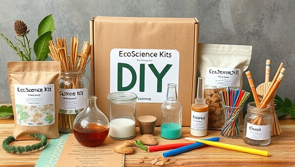 An eco-friendly DIY science experiment kit displayed with natural materials, recyclable packaging, and colorful tools, reflecting the sustainability and educational essence of EcoScience Kits.