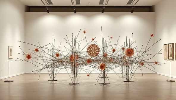 An elegant art installation made from recycled metal and wood, displayed in a modern gallery setting with soft lighting and a minimalist backdrop, conveying the beauty and sophistication of sustainable art.