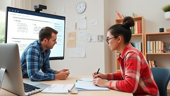 An interactive virtual tutoring session scene with a tutor assisting a student through a challenging academic problem using a digital whiteboard and educational resources, demonstrating effective teaching methods and personalized academic support in a virtual learning environment.