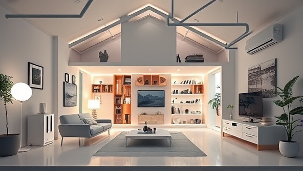 An innovative visualization of a smart home setup with energy-efficient devices, automated lighting, and climate control systems, demonstrating the seamless integration of technology and sustainability in a modern living environment.