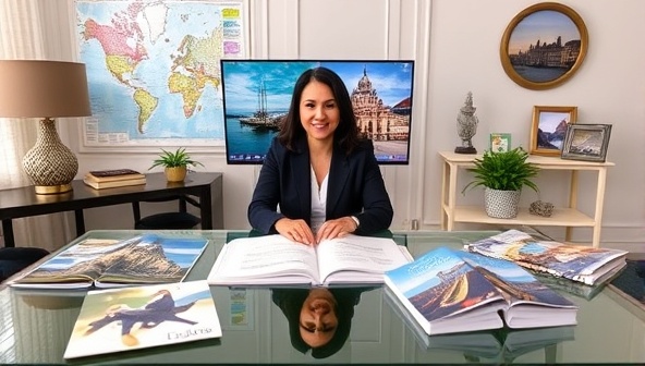 An elegant virtual office setup with a travel advisor assisting a client via video call, surrounded by travel brochures, maps, and inspirational destination photos, conveying professionalism and personalized service in trip planning.