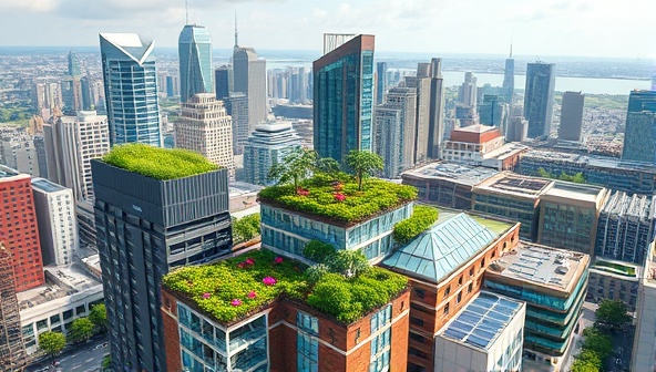 An architectural rendering of a modern city skyline with lush rooftop gardens, greenhouses, and solar panels, illustrating a sustainable urban landscape with thriving green spaces, innovation, and community resilience.