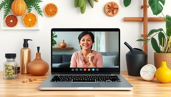 A laptop screen displaying a virtual coaching session with a client, surrounded by images of healthy food, exercise equipment, and relaxation tools, creating a holistic wellness atmosphere.