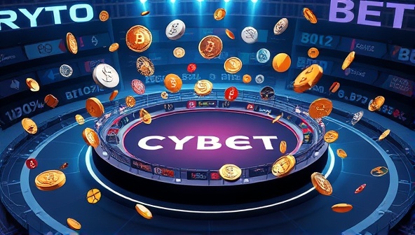 An innovative digital artwork showcasing a diverse range of cryptocurrencies floating around a virtual betting arena, symbolizing the fusion of blockchain technology and online gambling in CryptoBet Hub.