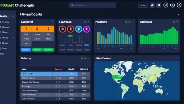 A virtual fitness challenge dashboard displaying leaderboards, progress trackers, achievement badges, and virtual race maps, creating a competitive and interactive platform for users to engage, compete, and achieve their fitness goals within the FitQuest Challenges community.