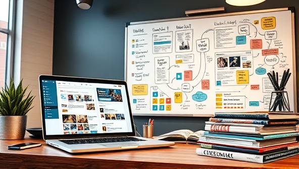 An artistic and modern workspace with a sleek laptop displaying various social media profiles, a brainstorming whiteboard filled with colorful ideas, and a stack of trendy magazines for inspiration, conveying a vibrant and creative atmosphere.