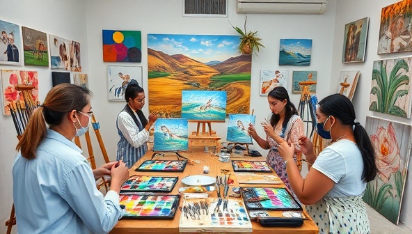An artistic virtual workshop setup with participants engaging in a painting session led by a professional artist, surrounded by colorful palettes, brushes, and creative artworks, showcasing the immersive and expressive artistic experience offered by Creative Odyssey.
