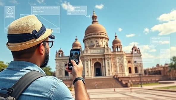 An AR-enhanced view of a user exploring a majestic historical site through the app, with digital information overlays highlighting key details, interactive guides providing historical context, and virtual elements enhancing the immersive travel experience, showcasing the app's innovative travel exploration features.