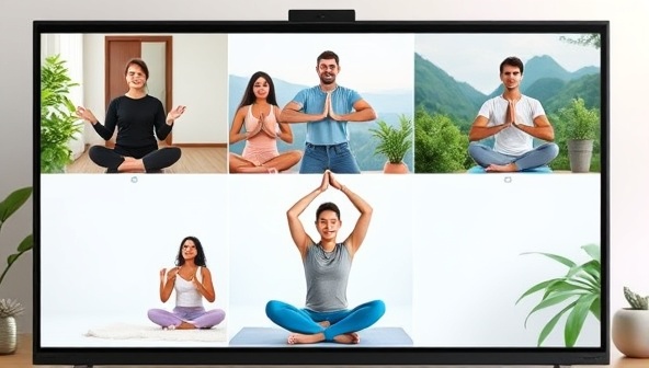 A virtual team meeting screen displaying a diverse group of remote employees participating in an online yoga session, with calming nature backgrounds and wellness props, illustrating a harmonious and healthy work environment.
