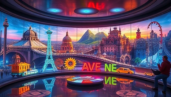 An immersive and futuristic image featuring a digital gallery showcasing a collection of vibrant and dynamic travel-themed NFTs, each representing a unique adventure destination or experience, with interactive elements and animated visuals, highlighting the innovation and creativity of EpicExpedition NFTs.