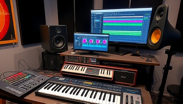 A virtual music studio setup with professional audio equipment, MIDI controllers, and a computer displaying music production software, creating an immersive and creative environment for online music production workshops.