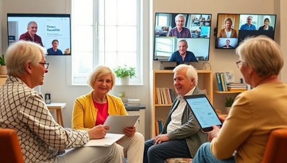 An inclusive online learning environment featuring senior participants engaged in virtual health workshops, interactive quizzes, and peer discussions on topics related to aging well, fostering a sense of community, connection, and lifelong learning for older adults.