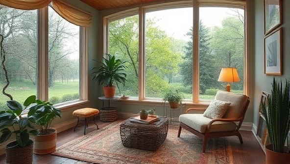 An inviting virtual retreat space with cozy writing nooks, inspiring decor, and virtual nature views to evoke a sense of calm and focus, inviting writers to immerse themselves in a creative haven.