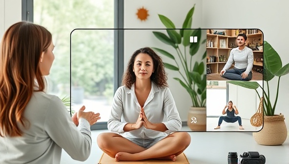 A serene virtual coaching session featuring a wellness coach guiding a client through mindfulness exercises, nutritional recommendations, and workout routines on a digital interface, promoting a holistic approach to well-being.
