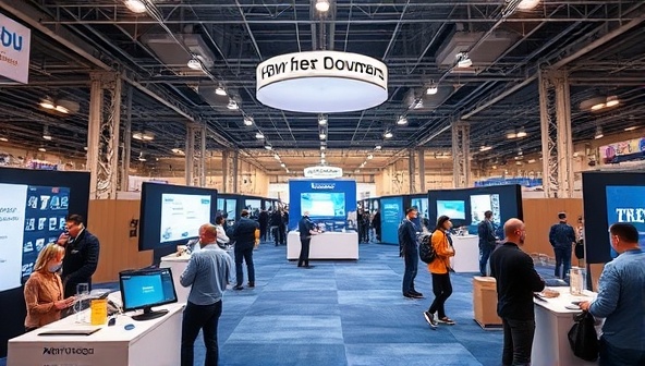 An immersive virtual job fair environment showcasing a bustling virtual expo hall with interactive booths, live chat features, and engaging presentations, conveying the platform's dynamic and inclusive nature.