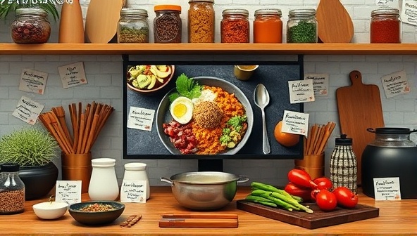 A virtual workshop setup with a screen displaying a fusion dish being prepared, surrounded by digital recipe cards, international spices, and cultural artifacts, creating a vibrant and immersive global cooking experience in a digital space.