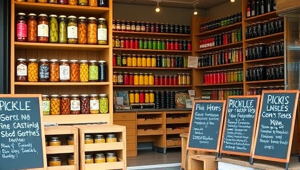 An inviting storefront with shelves filled with colorful jars of pickles, surrounded by rustic wooden crates and chalkboard signs showcasing the various pickle flavors and their unique ingredients, evoking a sense of artisanal craftsmanship and gourmet quality.