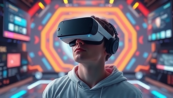 An artistic depiction of a user wearing a VR headset exploring a virtual representation of a website design, surrounded by futuristic interfaces and interactive elements, illustrating the immersive experience of VR web design showcase.