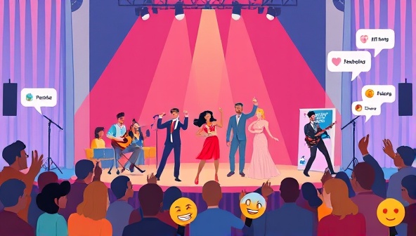 An artistic illustration featuring a diverse group of performers on a virtual stage, including musicians, dancers, and magicians, with a digital audience reacting with emojis and comments, creating a vibrant and interactive atmosphere.