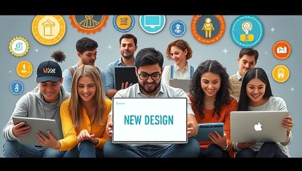 A diverse group of online learners engaging with interactive web design courses on laptops and tablets, surrounded by virtual badges and achievements, illustrating a dynamic and engaging e-learning environment.