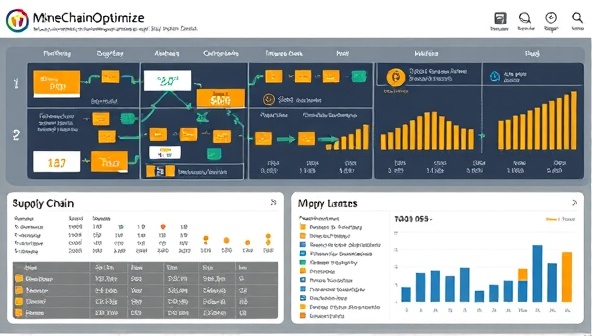 A dynamic supply chain visualization dashboard displaying real-time data flows, inventory levels, and performance metrics, illustrating the seamless coordination and optimization capabilities of MineChainOptimize in mining supply chain operations.