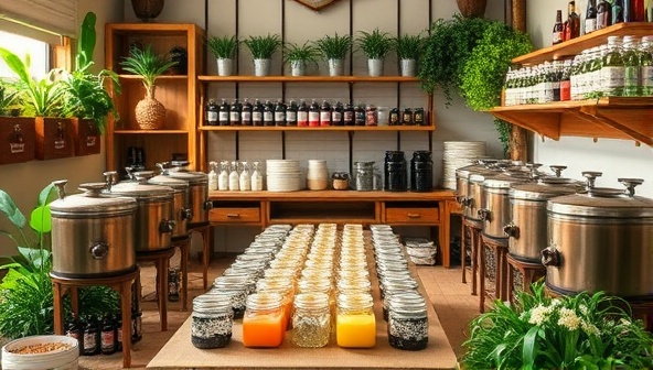 A cozy workshop setup with rows of fragrance oils, wax melting pots, and decorative jars, surrounded by lush greenery and aromatic herbs, creating a sensory-rich environment for hands-on crafting and scent exploration.