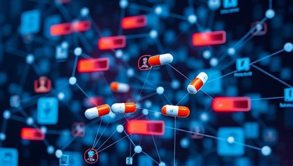 An abstract representation of AI algorithms analyzing a network of medication profiles, with warning alerts signaling potential drug interactions, symbolizing the proactive approach to medication safety through artificial intelligence.