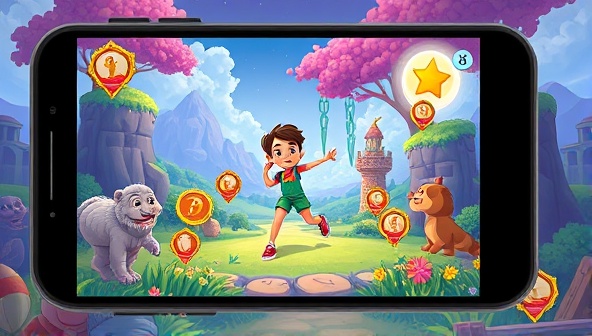 An immersive digital landscape within the FitQuest Adventures app, featuring a user's avatar engaging in fitness challenges in a vibrant and fantastical world, surrounded by virtual rewards and achievements, sparking a sense of adventure and motivation.
