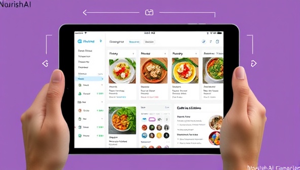 An AI interface displaying a personalized meal plan on a digital tablet, with vibrant and healthy meal options showcased, alongside a grocery list and cooking instructions, illustrating the user-friendly and customized meal planning service of NourishAI Planner.