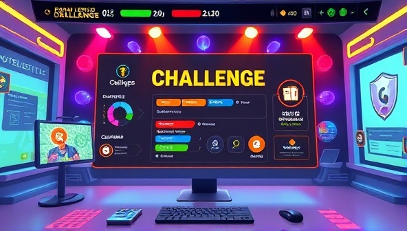 An animated scene of a website design challenge interface resembling a colorful and dynamic video game environment, with progress bars, achievement badges, and interactive design tools, illustrating the gamified and interactive nature of GameWeb Design Co.'s services.