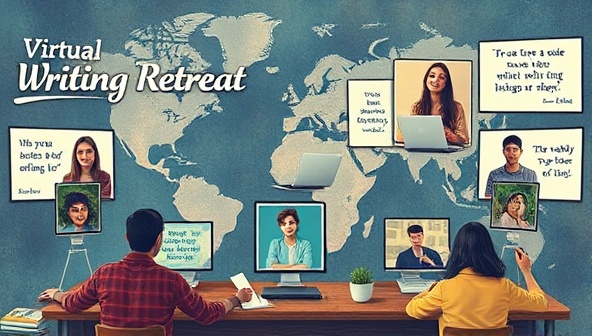 An artistic depiction of a virtual writing retreat, with participants from around the world connected via screens, immersed in their writing process, surrounded by inspirational quotes and virtual creative spaces, fostering a sense of community and collaboration in a digital writing environment.
