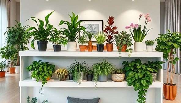 An array of vibrant indoor plants displayed on a sleek white shelf against a backdrop of a modern living room, creating a harmonious and calming indoor oasis vibe.