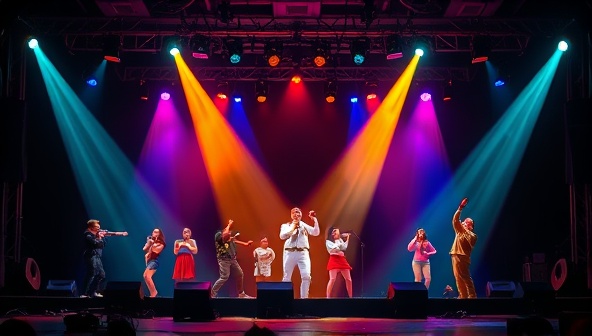 A dynamic digital stage set-up with colorful spotlights illuminating a variety of performers in different art forms, capturing the essence of creativity and diversity in talent.