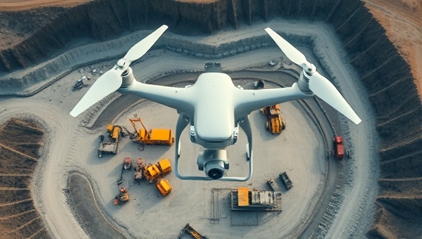 An aerial view captured by a drone showing a mining site with detailed infrastructure, machinery, and surrounding terrain, illustrating the comprehensive data that can be gathered for inspections and analysis.